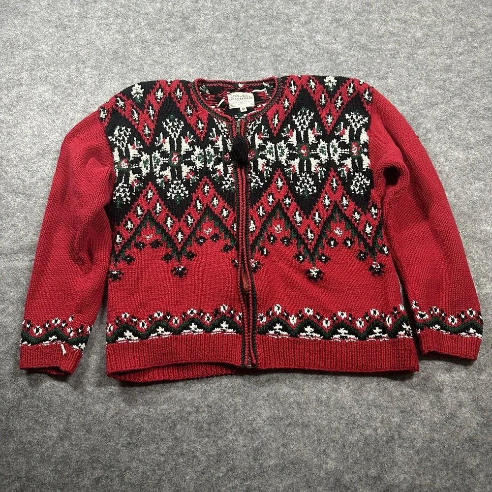 Susan‎ Bristol Cardigan Sweater Womens Medium Red Fair Isle Hand Knit Zip 1995
